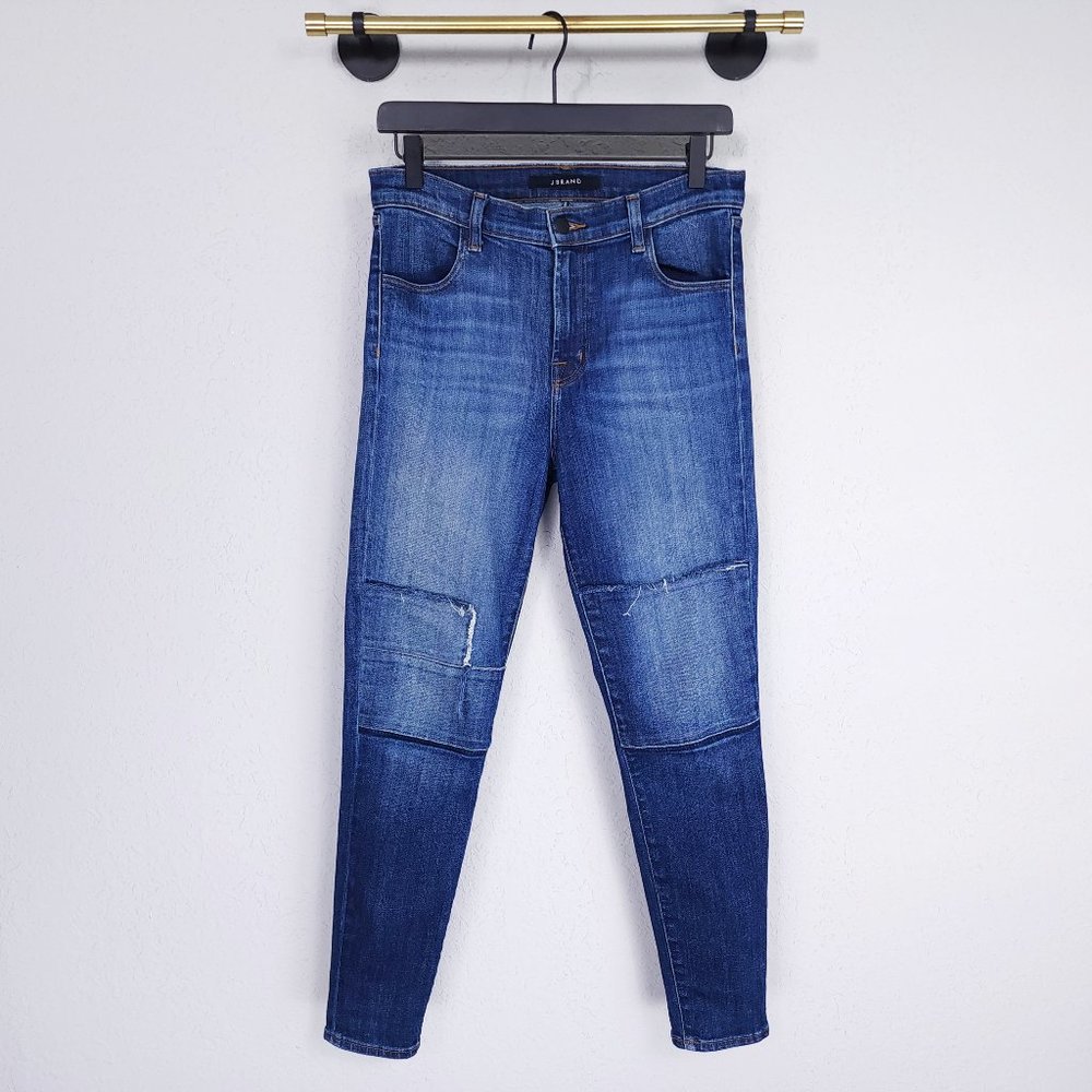 J Brand 28 Jasper Patched Medium Blue Indigo Alana High Rise Crop Skinny Jeans